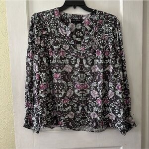 Lane Bryant Boho Grey Floral Long Sleeve V-Neck Blouse Top
